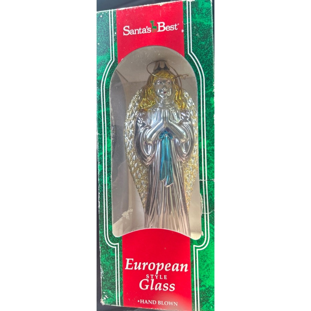 Santa's Best European Style Glass Angel Ornament Hand Blown Silver Gold Glitter